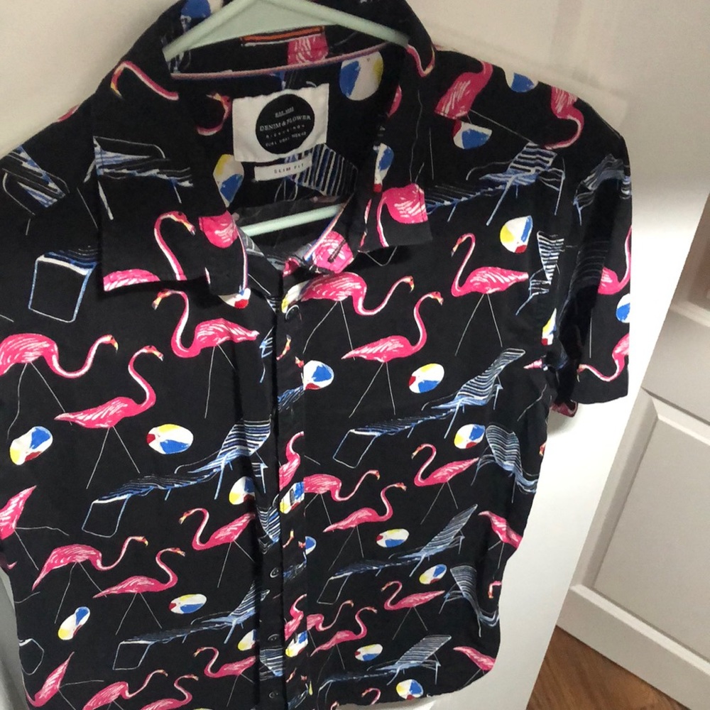 denim & flower ✔️ Cotton Mens medium navy blue Flamingo Beachball short sleeve